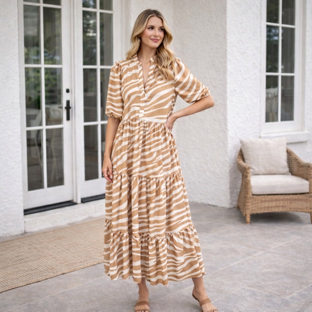 Ann Taylor Empire Waist Maxi Dress (Tan and White Zebra Print)